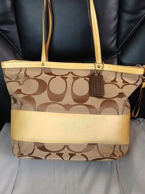 Coach Signature Canvas Tote with Yellow Trim